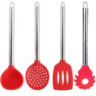 Kit 4 Utensílios de Silicone Vermelho Cabo Inox Para Cozinha