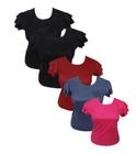 Kit 5 blusas  t-shirt feminina suede manga curta - plus size com babados