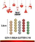 Kit 5 Bolas Arvore de Natal Gritter 3,8cm 5 Cores Linha Luxo