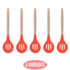 Kit 5 Colher Silicone Vazada Vermelho Cabo Bambu Não Arranha - UNIVENDAS