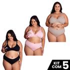 Kit 5 Conjuntos Sutiã e Calcinha Cotton Amamentação Plus Size Tamanho Grande Ajustavel Moda Maternal