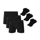 Kit 5 Cuecas Boxer Em Algodão Preto + 3 Meias M3 QLC SPORT - Cor Preto