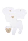 Kit 5 peças body, calça, casaco e babador Best Club Baby branco com bordado urso