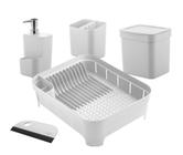 Kit 5 Peças Cozinha Escorredor Louças Talheres Lixeira Dispenser Detergente Rodo Branco - Ou