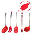 Kit  5 utensílios de silicone vermelho cabo inox + Suporte