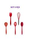 Kit 5 Utensílios Talher Silicone Não Tóxico Colher Escumadeira Pincel Espatula Concha Batedor Fouet