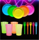 Kit 50 Copos Neon + 50 Pratinhos + 50 Garfinhos Neon