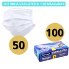 Kit 50 Máscaras Tripla Proteção + 100 Toucas Sanfonadas TNT + 100 Luvas Látex C/ Pó Branca