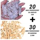 Kit 50 Mini Prendedor Pregador 30 Madeira 2,5cm E 20 De Plástico Acrílico 3cm