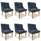 Kit 6 Cadeiras Estofadas para Sala de Jantar Base Fixa de Madeira Castanho Lia Suede Azul Marinho - Ibiza