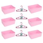 Kit 6 Cestos Multiuso Decorativo e 20 Cabides Infantis Rosa - 123 Organizei