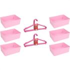 Kit 6 Cestos Multiuso E 10 Cabides Infantil Reforçado Rosa - 123 Organizei