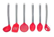 Kit 6 Colheres de Silicone Vermelho com Cabo Inox Utensílios Cozinha