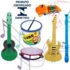 Kit 6 Instrumentos Musical Tambor Violão Guitarra Pandeiro Flauta Xilofone Bumbo Infantil Brinquedo Banda