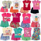 Kit 6 Peças Sortidas de Roupas Infantil Menina - 3 Camisetas + 3 Bermudas - Kit com 3 Conjuntos
