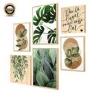 Kit 6 Quadros Modernos Decorativos para Quarto Casal 88x84cm Folhas Verdes e Moldura Pinus -Hugart