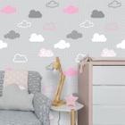 Kit 6 Rolos Papel de Parede Infantil Nuvens Cinza e Rosa