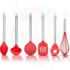 Kit 6 Utensílios De Cozinha Silicone Cabo Inox Colher Concha Escumadeira Espátula Pegador Batedor