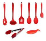 Kit 8 Colheres Silicone Maciço Vermelho Concha Espátula Pegador