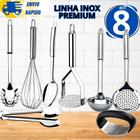 Kit 8 Peças Inox Amassador Batata e Alho Colher Concha Escumadeira Fouet Pega Massa Pegador