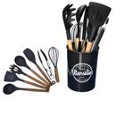 Kit 9 Peças Utensílios De Cozinha Conjunto Premium Silicone Cabo De Madeira Coloridas Variadas Wincy