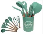 Kit 9 Peças Utensílios De Cozinha Conjunto Premium Silicone Cabo De Madeira Coloridas Variadas Wincy