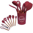 Kit 9 Peças Utensílios De Cozinha Conjunto Premium Silicone Cabo De Madeira Coloridas Variadas Wincy