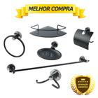 Kit Acessório Para Banheiro Aço Inox 6 Peças Com Porta Shampoo Vidro Canto PRETO FOSCO Cód. 1850