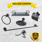 Kit Acessório Para Banheiro Aço Inox 6 Peças Com Porta Shampoo Vidro Retangular PRETO FOSCO Cód. 1810