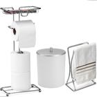 Kit Acessorios Lavabo Banheiro Lavabo Toalha Rosto Porta Papeleira E Celular Luxo Branco PRateado Arthi - ABCompras