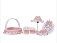 Kit Acessórios Quarto De Bebê Realeza Rosa Decor com Branco 07 peças
