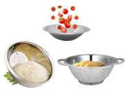 Kit Aço Inox 3pç Escorredor de Macarrão, Arroz e Saladeira