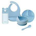 Kit Alimentação Bebê Babador, Bowl, Colher de Silicone, Pratinho e Garrafa Térmica Buba