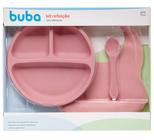 Kit Alimentaçao Bebe Silicone Prato Babador Colher Cor Rosa Buba