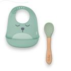 Kit alimentacao colher silicone e bambu e babador introdução alimentar infantil bebe versátil