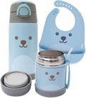 Kit alimentacao infantil babador + garrafa e pote termico azul - buba