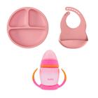 Kit Alimentação Silicone Buba 3pçs Babador Pratinho Copo C/ Alça Bebe Introdução Rosa