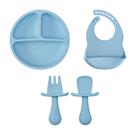 Kit Alimentação Silicone Buba 3pçs Babador Pratinho Talher Em Silicone Bebe Introdução Azul