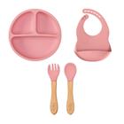 Kit Alimentação Silicone Buba 3pçs Babador Pratinho Talher Em Silicone e Bambu Bebe Introdução Rosa