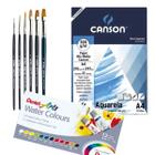 Kit Aquarela - Pentel Water Colours 12 Cores + Papel Canson + 6 Pinceis Giotto
