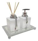 Kit Aromatizador Sabonete Líquido Lavabo Cubo Luxo C/bandeja Branco Luxo