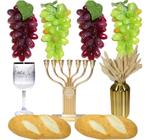 Kit Arranjo Santa Ceia 2 Pães, 4 Uvas Candelabro Taça Trigo