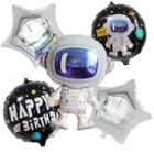 Kit Balão Astronauta Gigante 75cm +2 Balão Astronauta Redondo 45cm +2 Balão Estrelas 45cm, Kit 5 pçs Festa Astronauta - Balão Metalizado