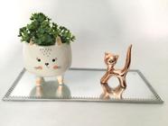 Kit Bandeja Espelhada Ret Prata 26x11cm, Cachepot Cat, Planta Decor e Cat Cerâmica Rosé