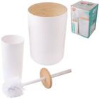 Kit Banheiro Branco com Lixeira 7L Tampa de Bambu e Escova Sanitária Cabo Inox