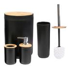 Kit Banheiro Conjunto 4 Peças Completo Lixeira Tampa Bambu Lavabo Escova Sanitária - Clink