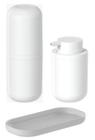 Kit banheiro lavabo bancada 3 peças bold ou branco porta escova dente creme dental, porta sabonete liquido, bandeja