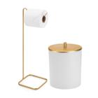 Kit Banheiro Lavabo Lixeira Porta Papel Higiênico Conjunto Jogo Papeleira Dourado Branco Acessórios Elegante Fino Clássico Decorativo Ambiente