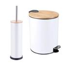 Kit Banheiro Lixeira Com Pedal 5 Litros + Escova Sanitária Branca Tampa de Bambu Fechamento Suave