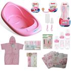 Kit banho bebê banheira 22l + enxoval com mamadeiras chupeta roupão fraldaeitenshigiene